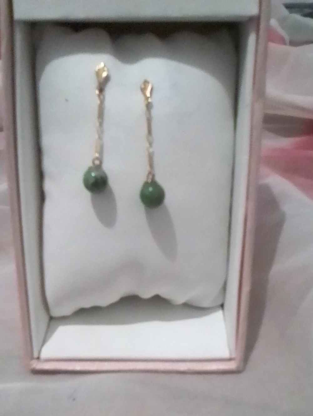 Vintage Art Deco Elegant Gold Drop Earrings with Jade Bead